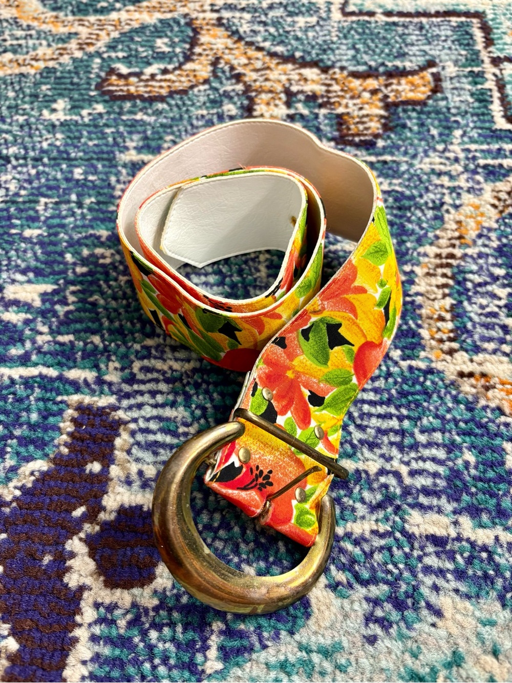 VTG 1980s Floral Multicolor Belt with Round Brass Buckle